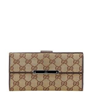 Gucci GG Canvas Logo Plate Long Wallet Beige Brown Leather